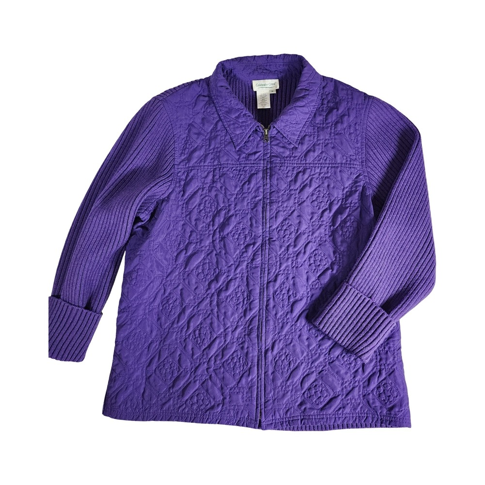 Coldwater Creek Purple Quilted Front Ribbed Knit Sleeve Zip Jacket Womens 1X